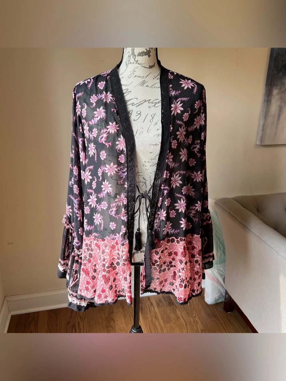 NEW Free People Lola Mixed Print Kimono Black Floral Sz M
